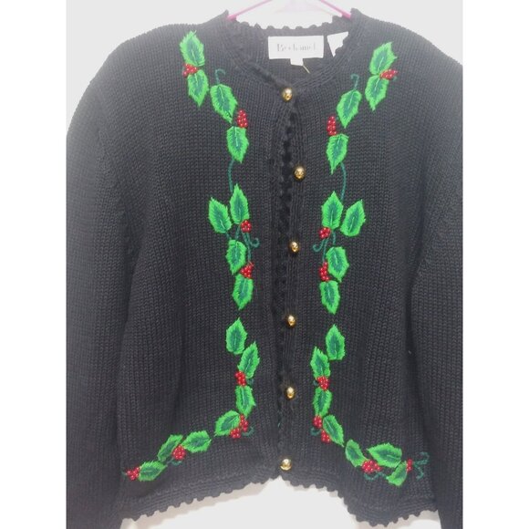 Vintage Bechamel Sweater Womens Sz L Christmas Cardigan Black green red long slv - Picture 15 of 15